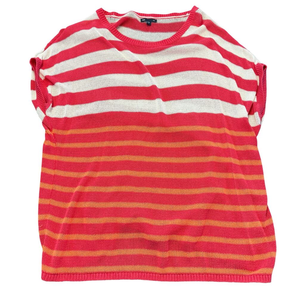 Gap Women’s pink/orange/white striped short sleeve tunic sweater, oversized, L